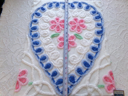 shabby pink & blue vintage chenille heart fabric, trio of roses with curlicue swirls, 18" x 22" piece of sewing material great for pillow