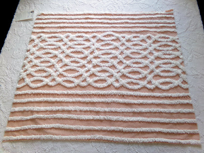 vintage chenille fabric: white geometric on peach cotton seersucker, 20" x 24" cut piece