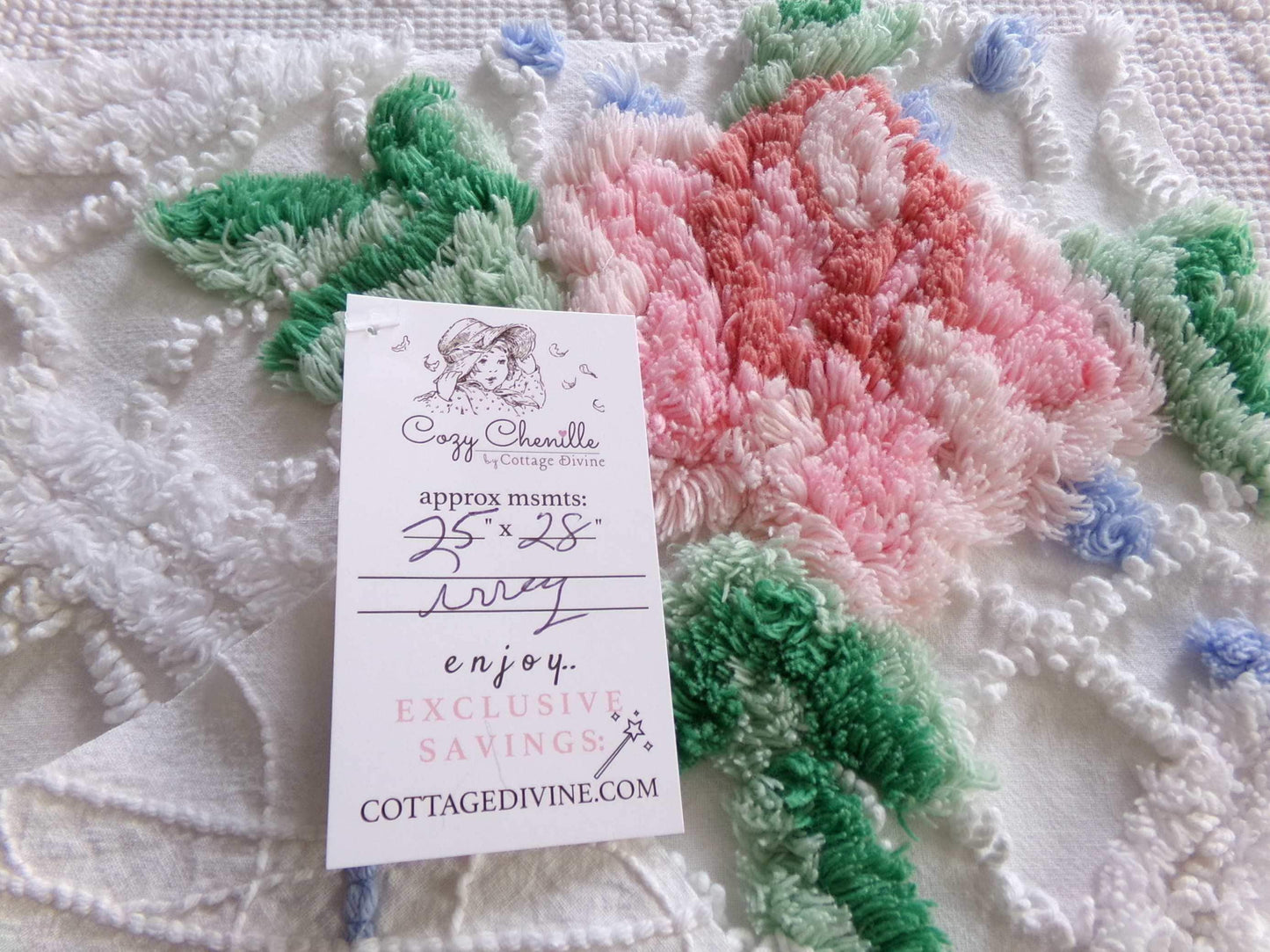 lovely cottage style floral fabric, 25" x 28" inch piece cut from vintage chenille bedspread, pink rose on white geometric loops & blue pops