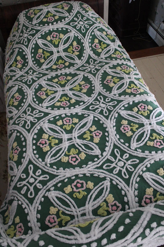Emerald Green Floral Vintage Chenille Bedspread, Full Size, 100% Lightweight Cotton with Accent Fringe