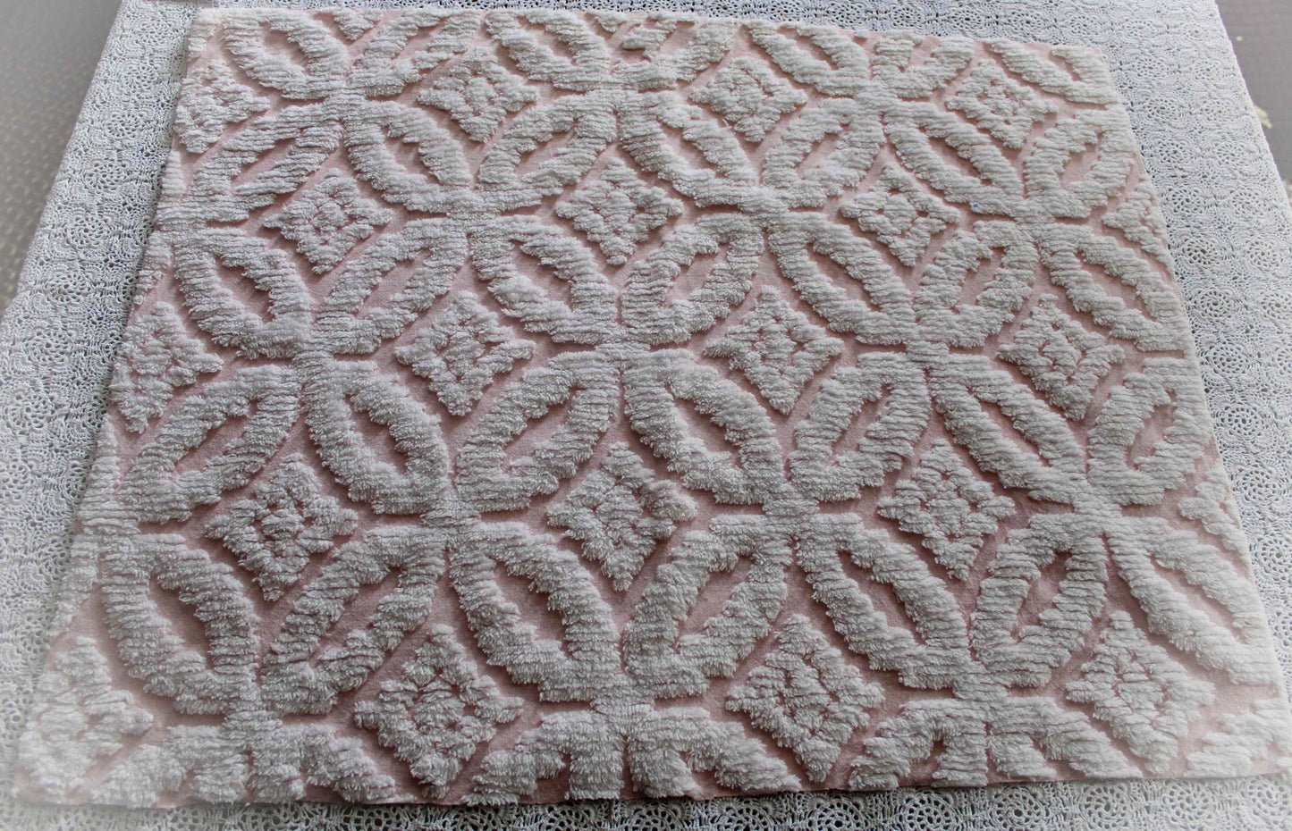 sculpted petals vintage chenille fabric, white tufting on cool pink, 20" x 25" inch piece, 100% cotton