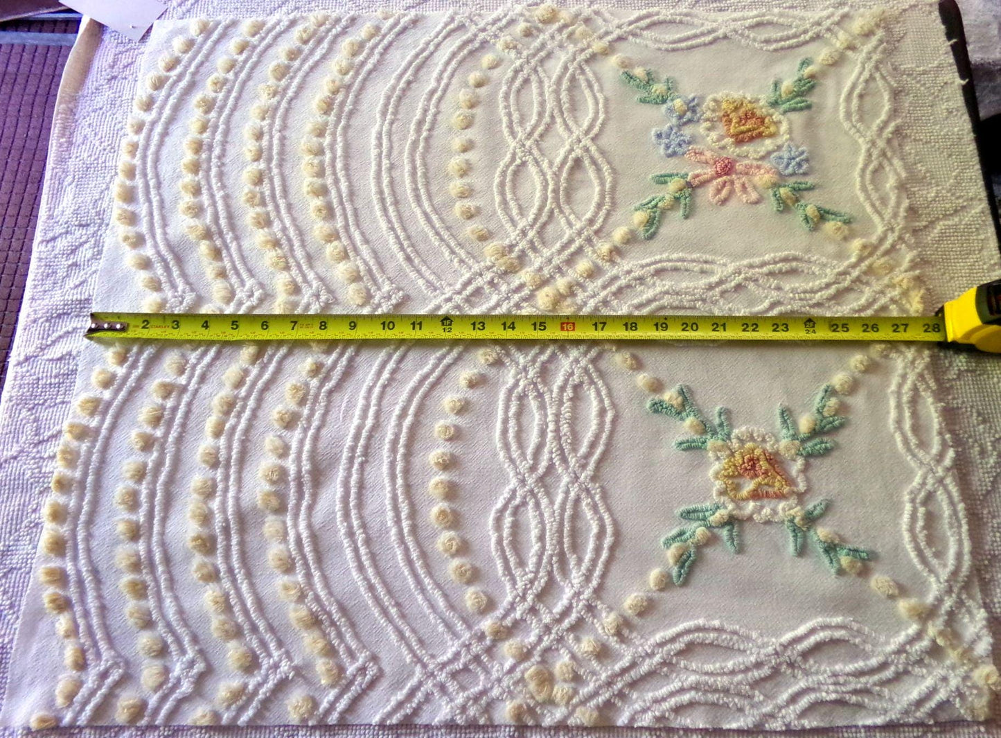 so shabby sweet vintage chenille fabric, needletuft florals with buttercup yellow puffs, 24"x 26" inch piece of quilt & sewing material