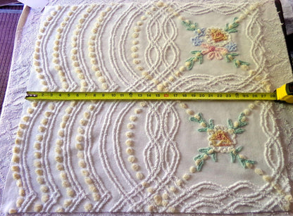 so shabby sweet vintage chenille fabric, needletuft florals with buttercup yellow puffs, 24"x 26" inch piece of quilt & sewing material