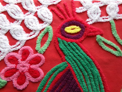 peacock vintage chenille fabric panel in saturated red, exotic material for a wall hanging or pillow, 23" x 24" inch piece