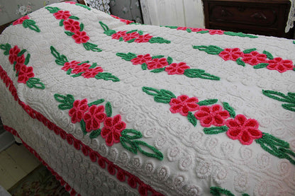 Vintage Chenille Bedspread, Raining Roses on Plush White, Full Size