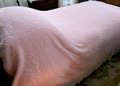 Vintage Twin Chenille Bedspread | Pink White Hobnail Rose Pattern with Fringe | Shabby Chic Woven Cotton Bedding