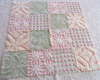 vintage 6" chenille fabric squares, set of 16 quilt blocks in rose bloom pink, sage green & white geometric and floral prints