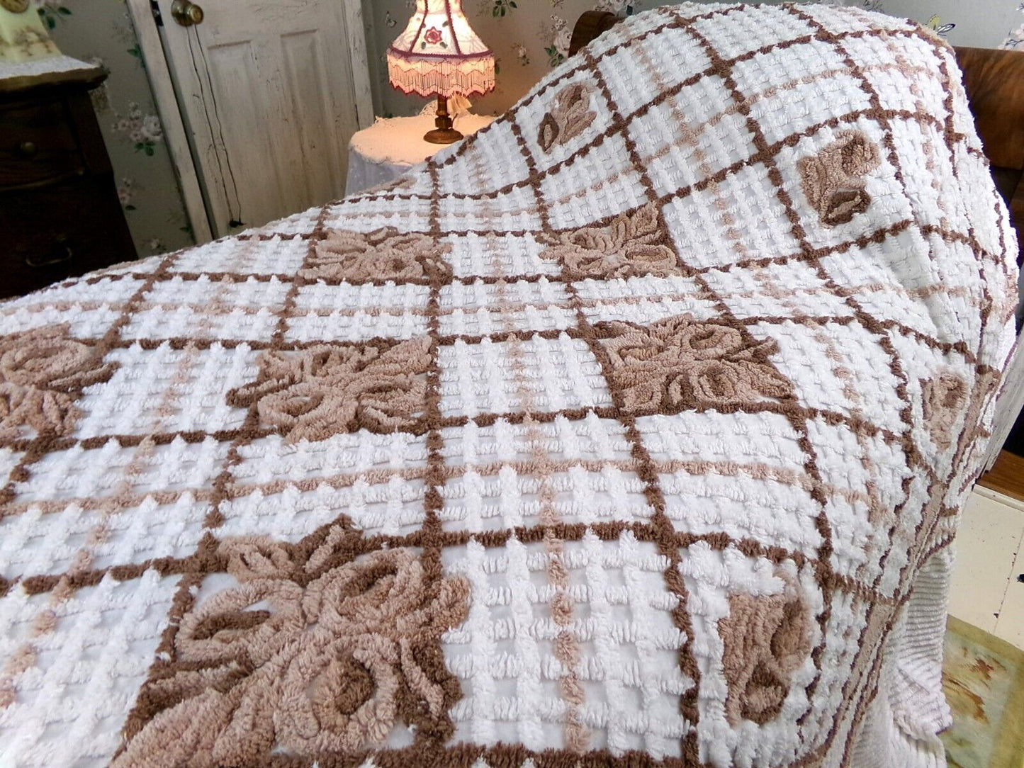 Vintage full size chenille bedspread, chocolate brown roses, boxed & fitted design