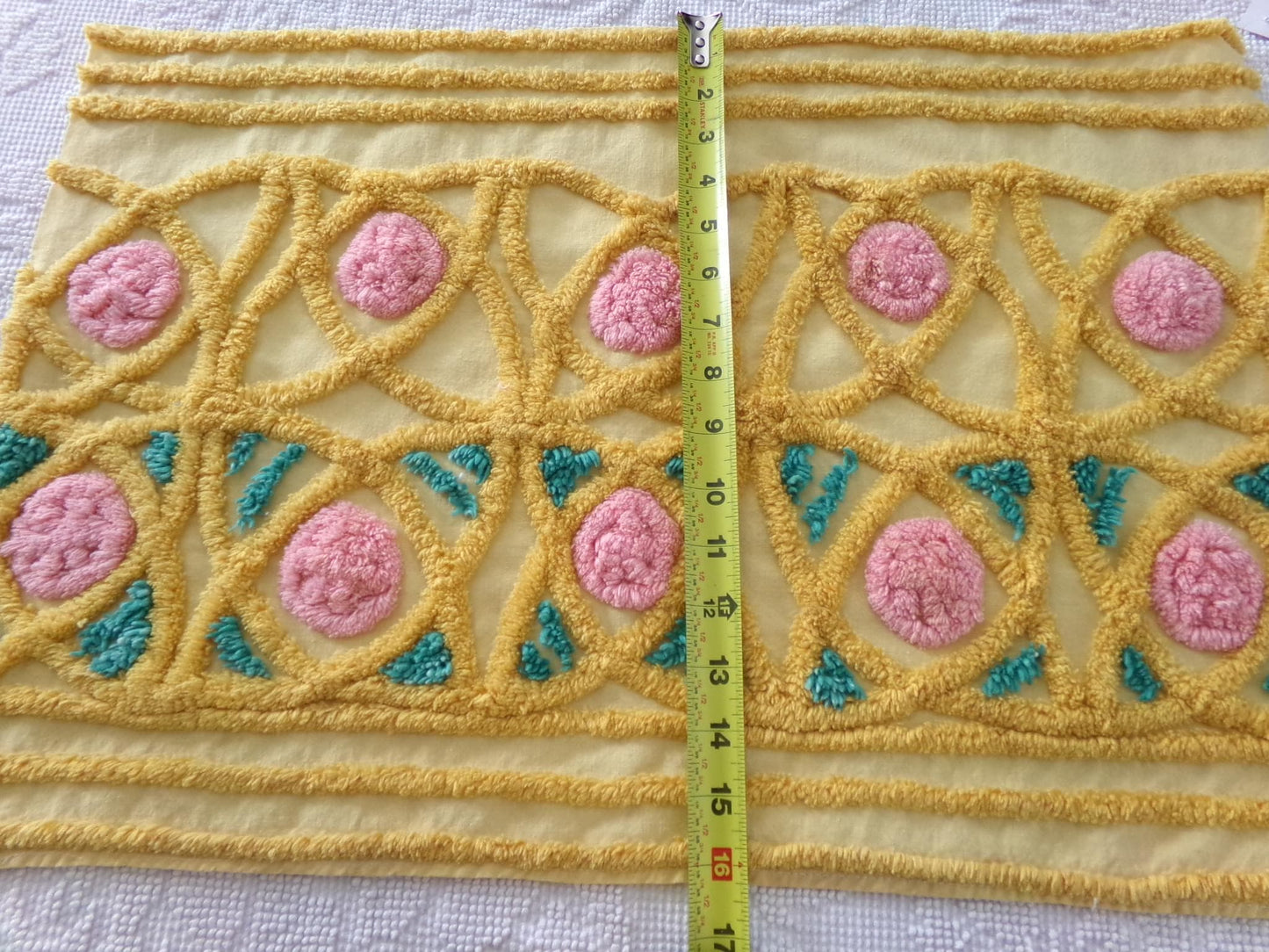 fairytale rose vintage chenille material, lovely quilt fabric, or for pillows, wall hangings, 15" x 23" piece, golden yellow & pink roses
