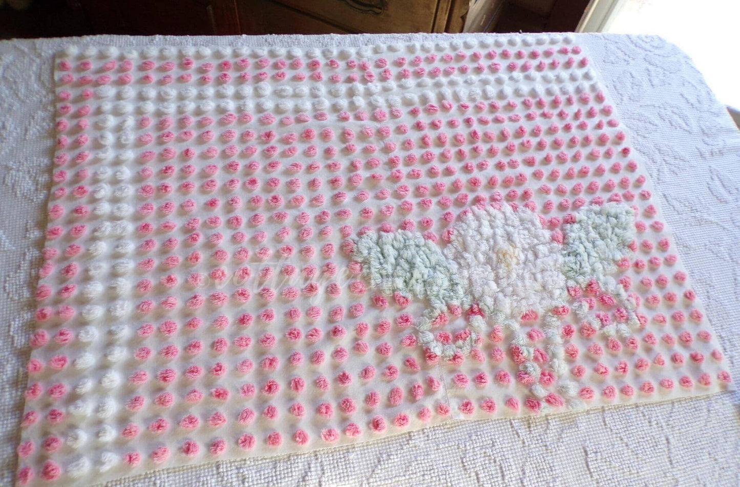 Angelic White Lily Cupcake Pink Pops Handtufted Vintage Chenille Fabric, 21" x 28" inch antique piece, Beautiful in DIY Pillows