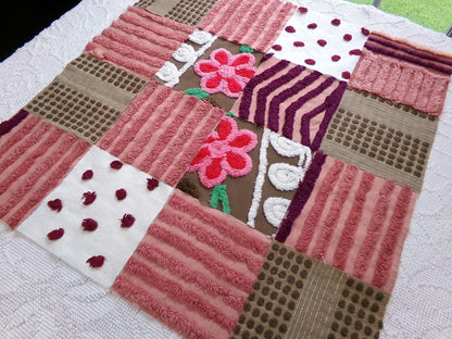 chocolate cake vintage chenille fabric squares, set of 16 yummy 6" craft blocks in brown & mauve pink for quilt inlays, pillows, fiber arts