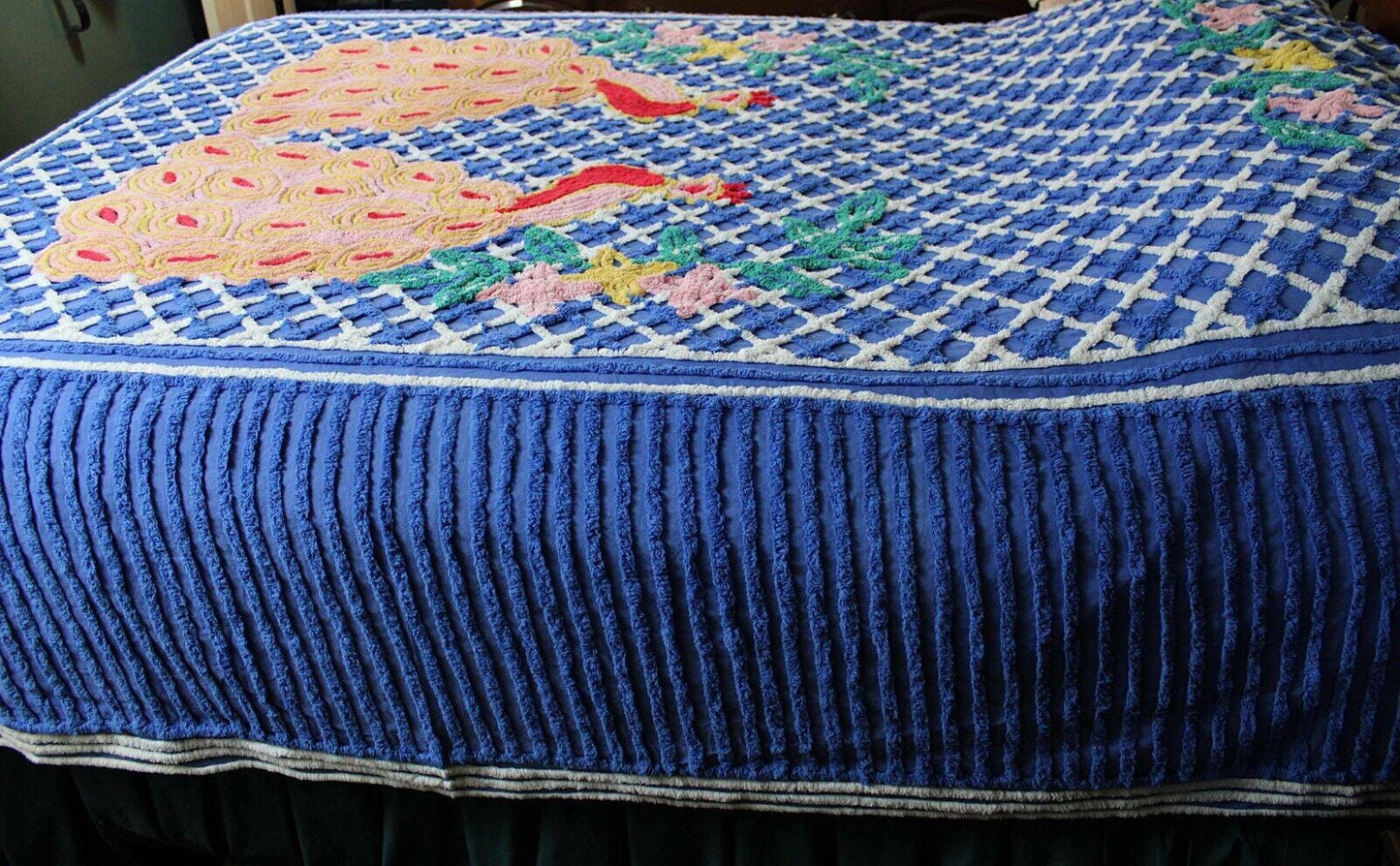Royal Blue Vintage Peacock Chenille Bedspread, Bold Tropical Floral Colors, FULL Sz