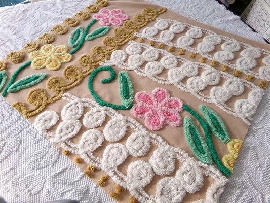 Shabby Cute Caramel Curlicue Floral Vintage Chenille Fabric, 21" x 24" inch Piece, Boho Sewing Material for Pillows, Wall Hangings, Crafts