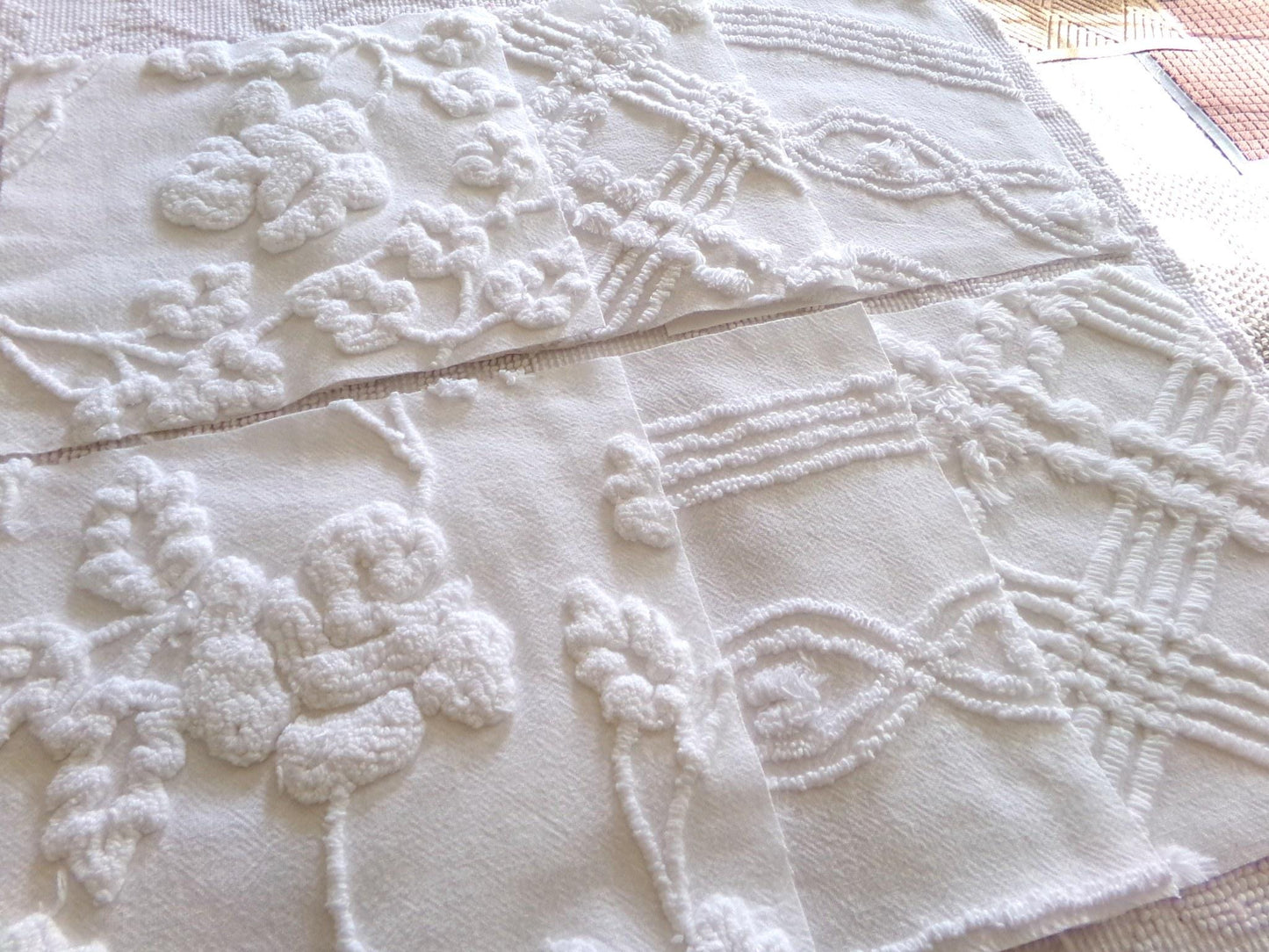 vintage ivy rose chenille fabric squares, 9.5" each, set of 6 white quilt blocks, elegant floral & geometric prints for sewing, crafts