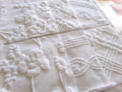 vintage ivy rose chenille fabric squares, 9.5" each, set of 6 white quilt blocks, elegant floral & geometric prints for sewing, crafts