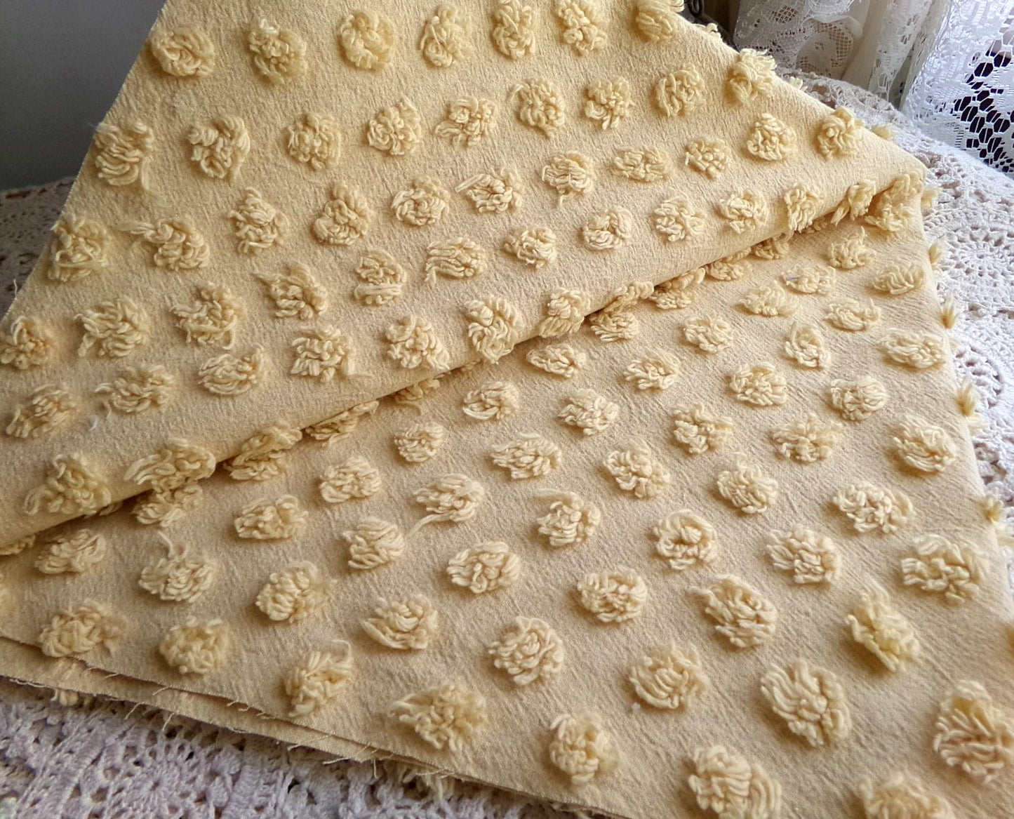 puffy gold pops vintage chenille fabric, boho style sewing material for handmade chenille quilts & crafts, 20" x 24" piece