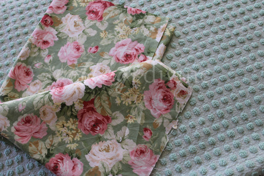Cottage Coordinated Vintage Fabric Bundle: Nubby Popcorn Dots Chenille Piece & Mint Green Cabbage Rose Cotton Fabric, for Quilts, Crafts