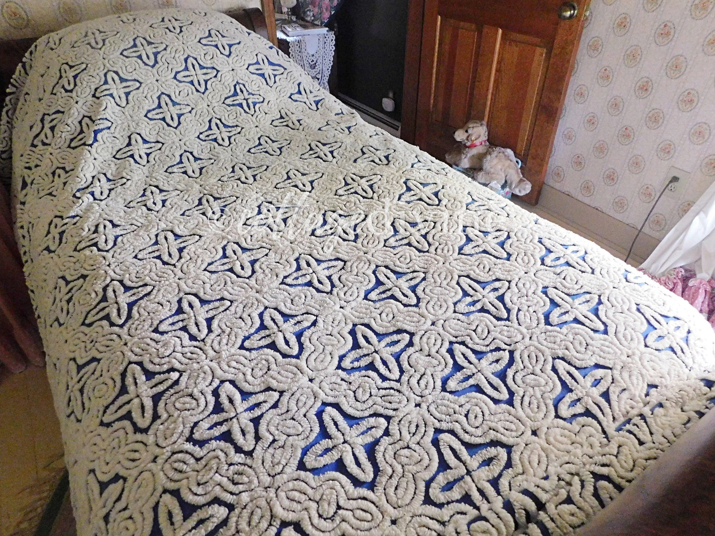 Gothic Cobalt Blue Chenille Bedspread, Hofmann Vintage Full Size Bedding, 100% cotton