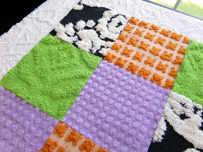 whimsical witch vintage chenille fabric squares, set of 16 playful 6" blocks for crafts, sewing in orange, black, green & lavender