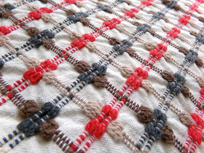 little bow tie vintage woven fabric w/ intersecting chenille cross ties in red, charcoal, mocha & brown, 20" x 24" cut piece sewing material
