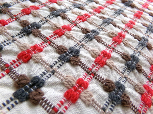 little bow tie vintage woven fabric w/ intersecting chenille cross ties in red, charcoal, mocha & brown, 20" x 24" cut piece sewing material