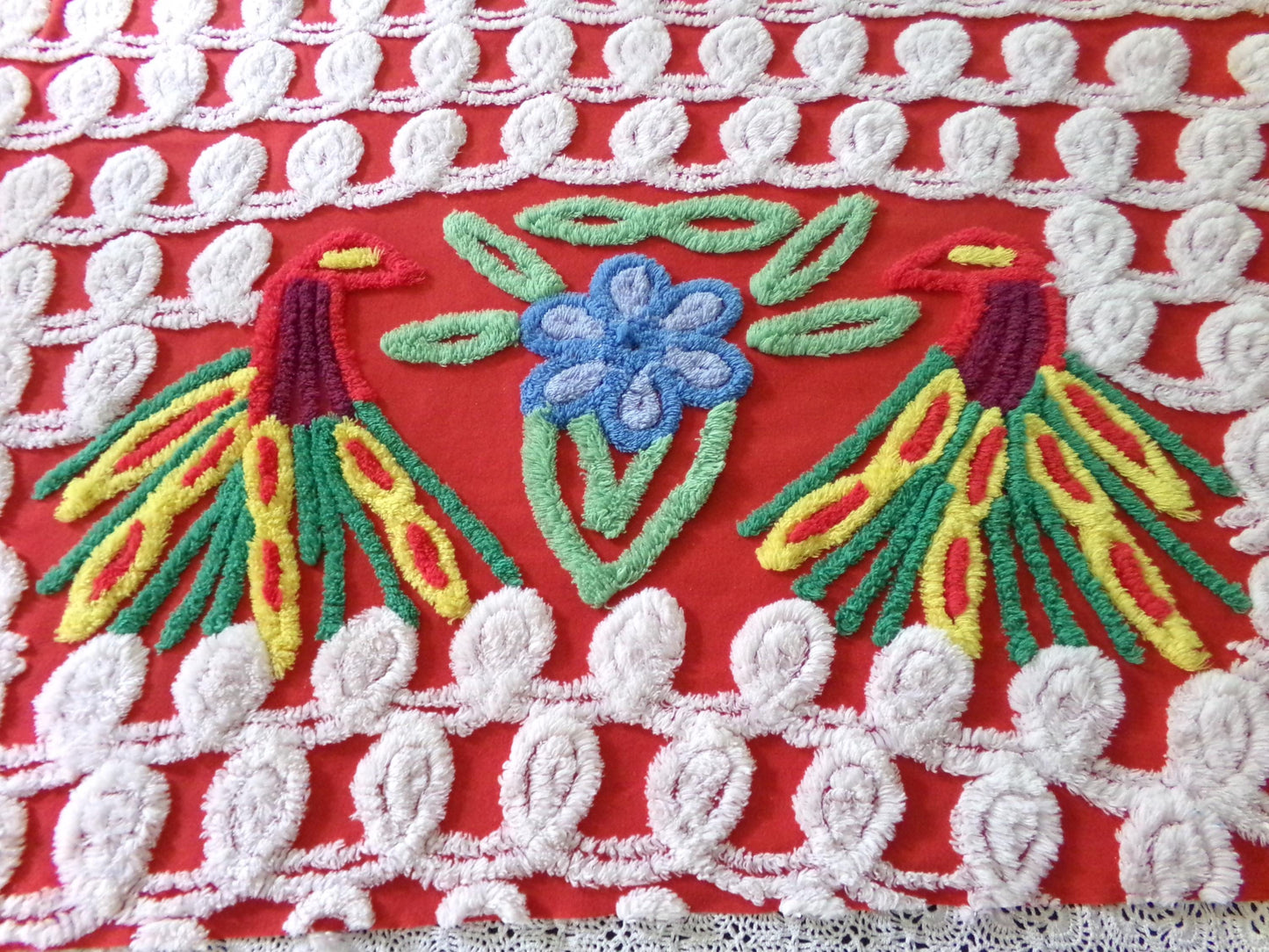 Vintage Peacock Chenille Bedspread Fabric, Pair of Lovebirds on Vivid Red & White Curlicues, 31" x 20" inch Piece, 100% Cotton