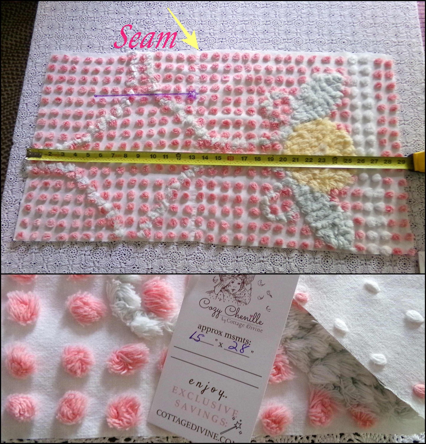 Precious Pink Pops Vintage Chenille Fabric, 15" x 28" Inch Piece, 100% Cotton, Antique Handtufted Plush Flower, Great for DIY Pillows