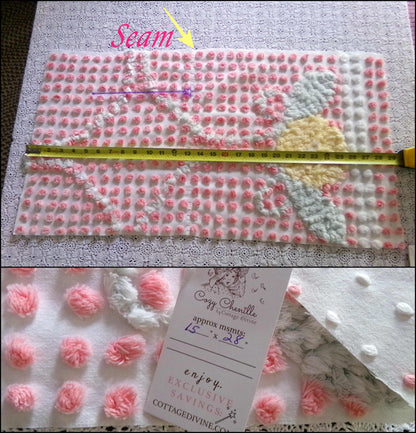 Precious Pink Pops Vintage Chenille Fabric, 15" x 28" Inch Piece, 100% Cotton, Antique Handtufted Plush Flower, Great for DIY Pillows