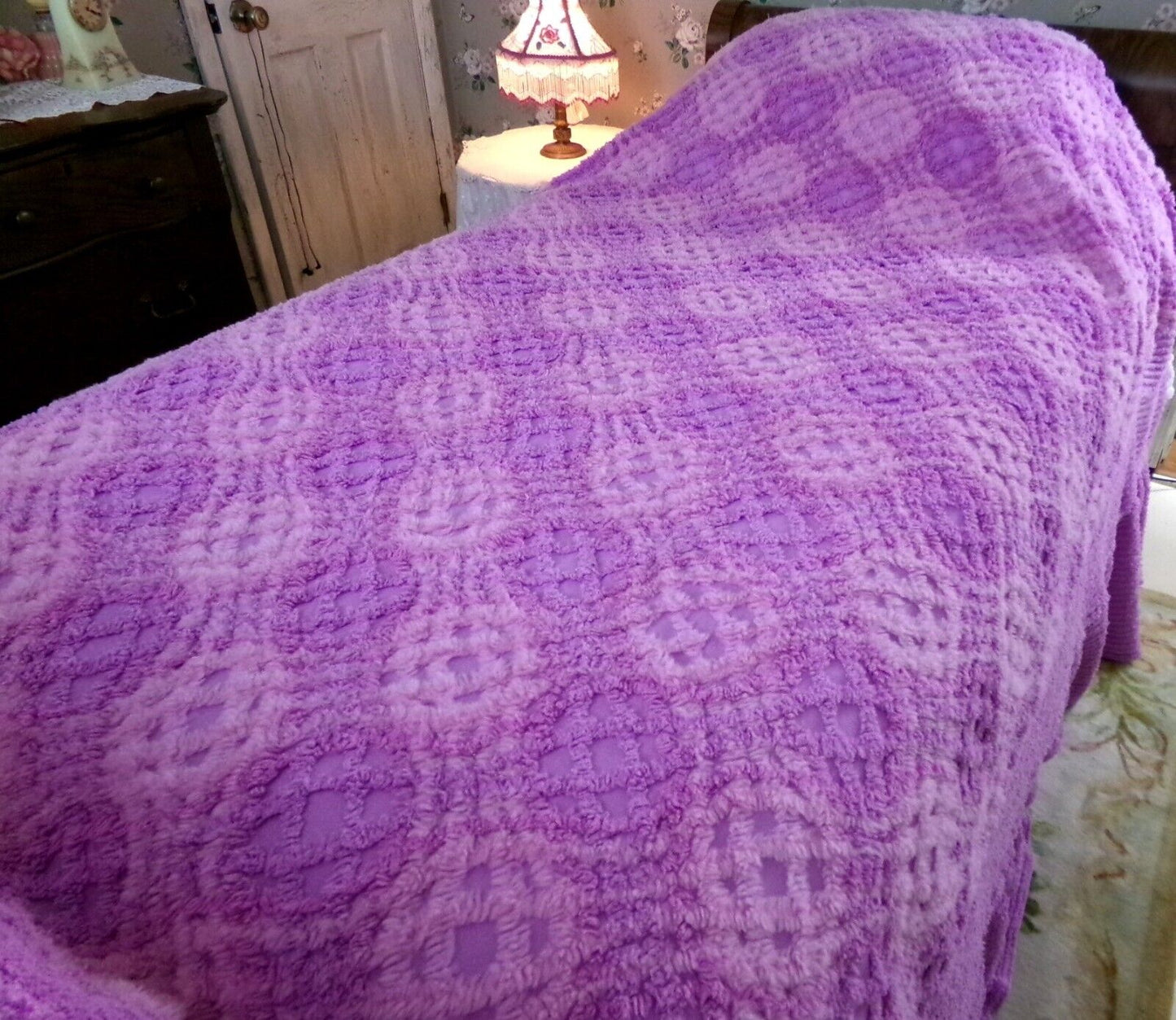 Webbed Optic Vintage Chenille Bedspread Fantasy Unicorn Color Full Sz Boxed & Fitted