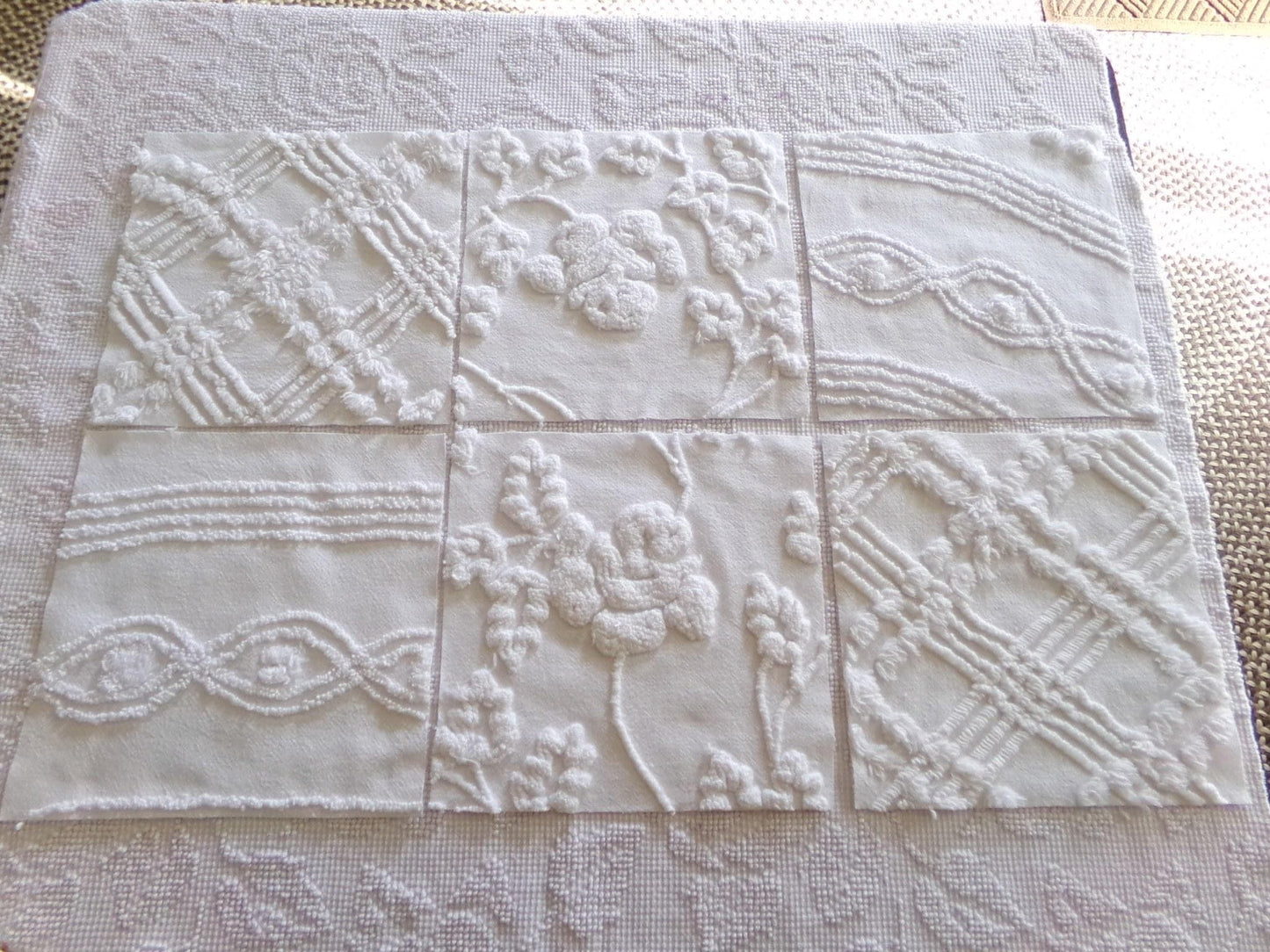 vintage ivy rose chenille fabric squares, 9.5" each, set of 6 white quilt blocks, elegant floral & geometric prints for sewing, crafts