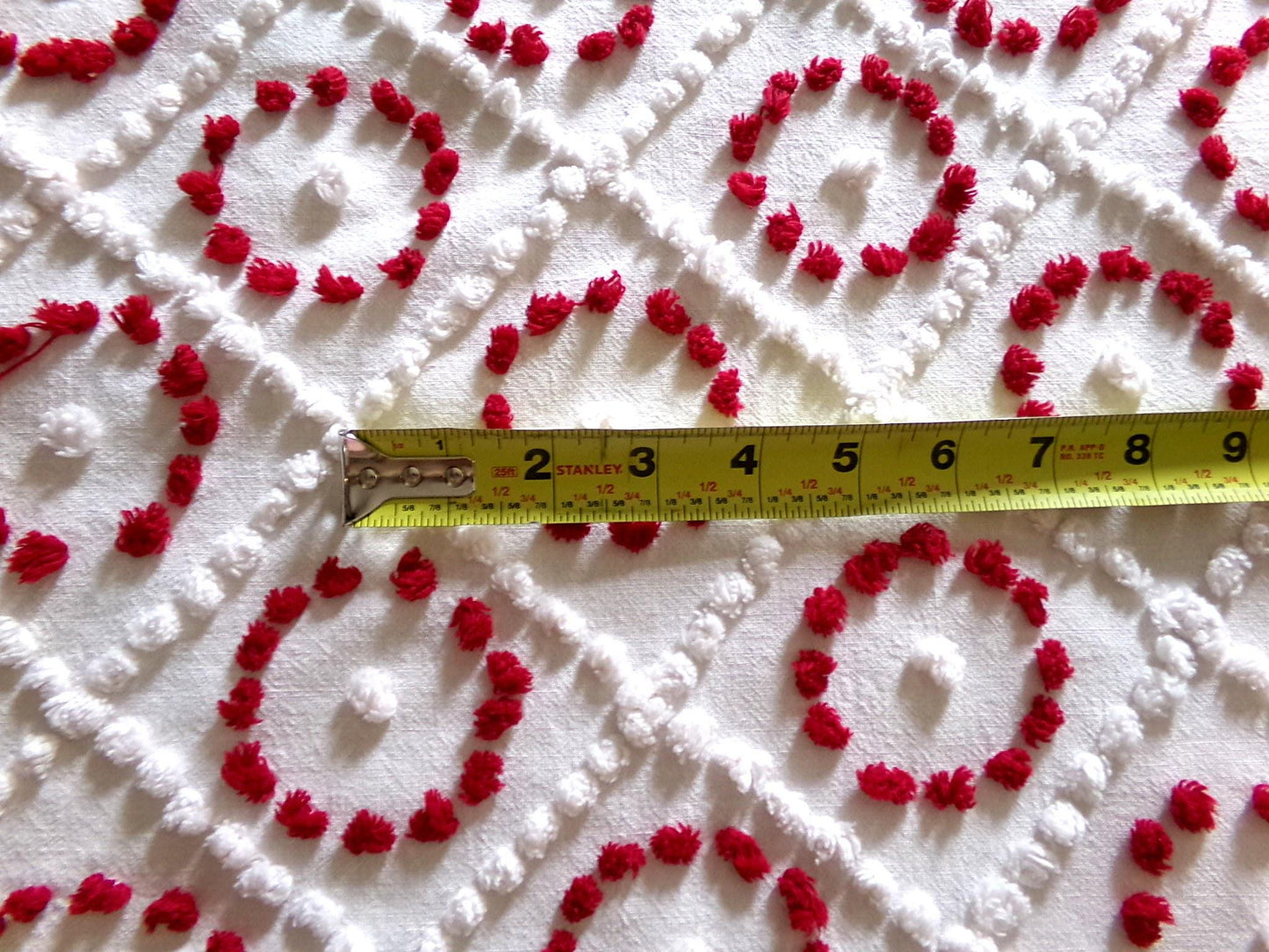 ruby red rings in white diamonds vintage chenille fabric, charming antique handtufted 20"x 25" inch piece of sewing & quilt material