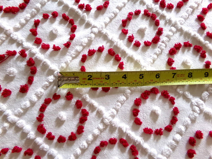 ruby red rings in white diamonds vintage chenille fabric, charming antique handtufted 20"x 25" inch piece of sewing & quilt material