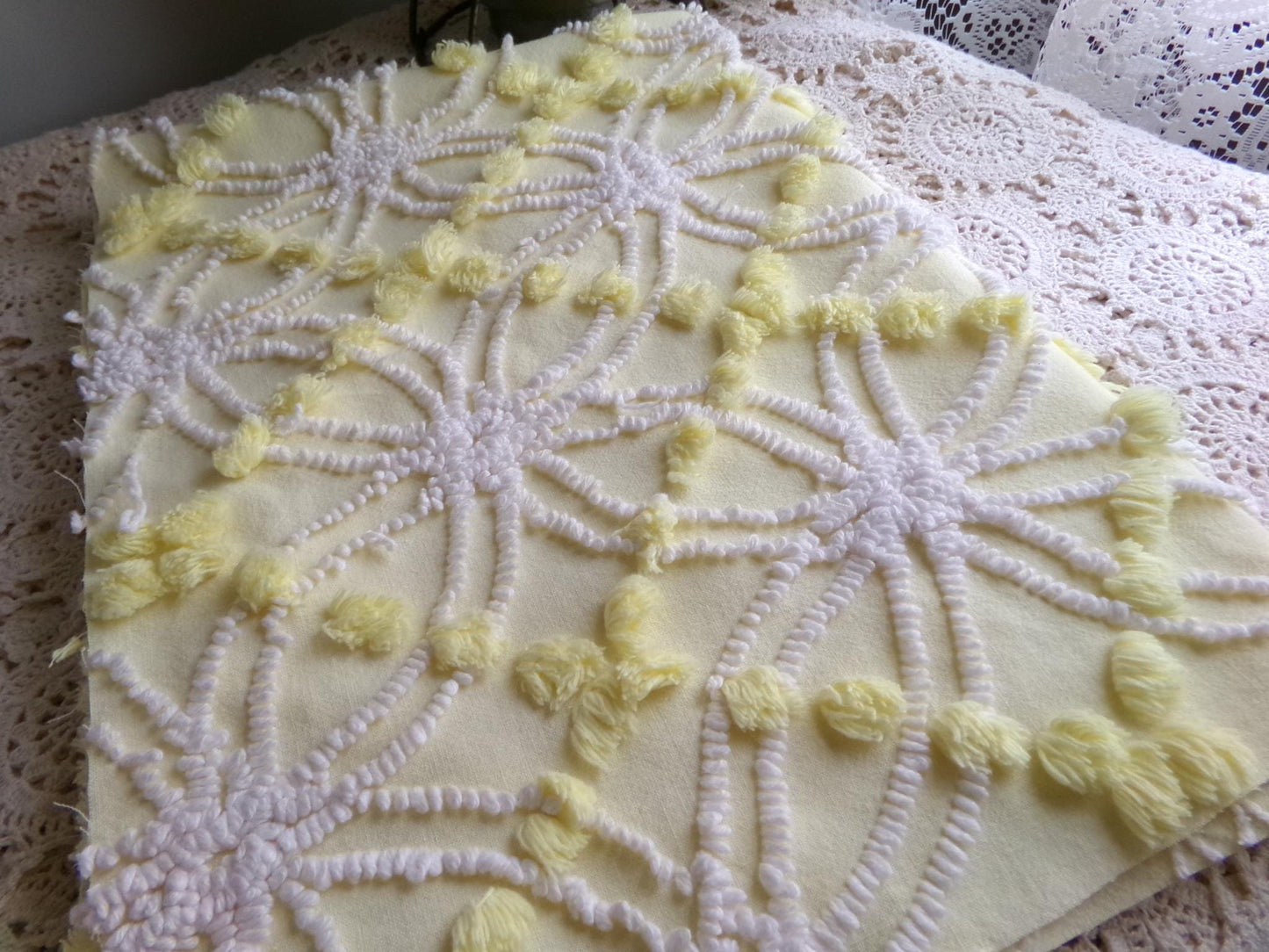 springtime yellow & white chenille fabric, vintage 27" x 21" inch piece of quilt material with fluffy pops, needletuft spider rings