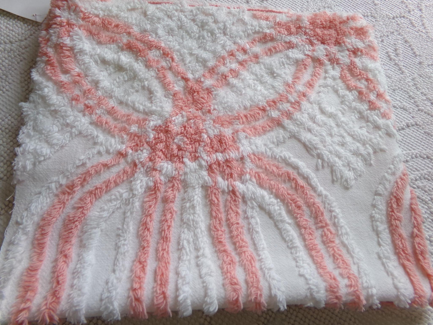 vintage chenille fabric in peachy white geometric design, 22" x 24" piece of lightweight cotton sewing & quilt material