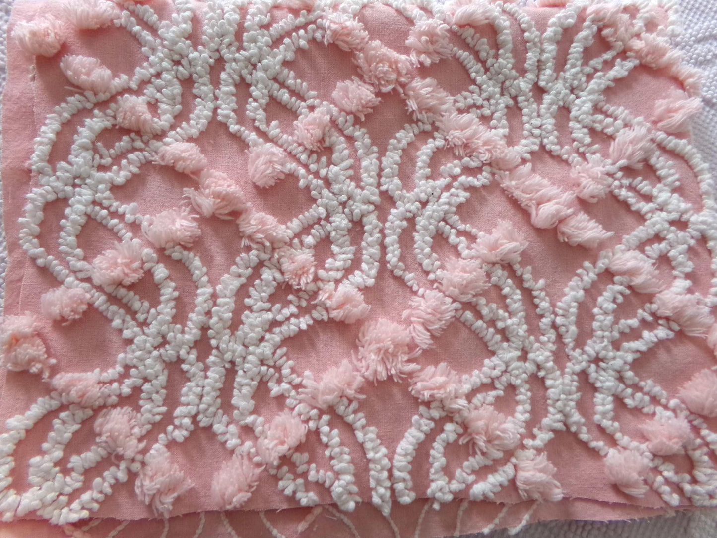 infinity tuft fabric textured pink & white, 18" x 24" piece from a vintage chenille bedspread, popular sewing quilt material