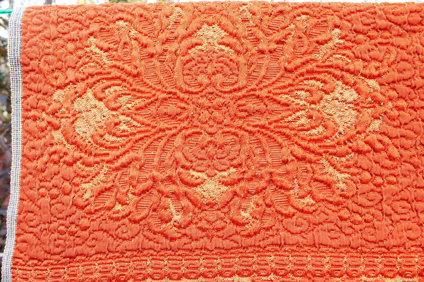 Orange & Gold Vintage Tapestry Fabric, Shimmer Woven Heavyweight Damask Material, 20" x 25" inch piece with Luxurious Fringe