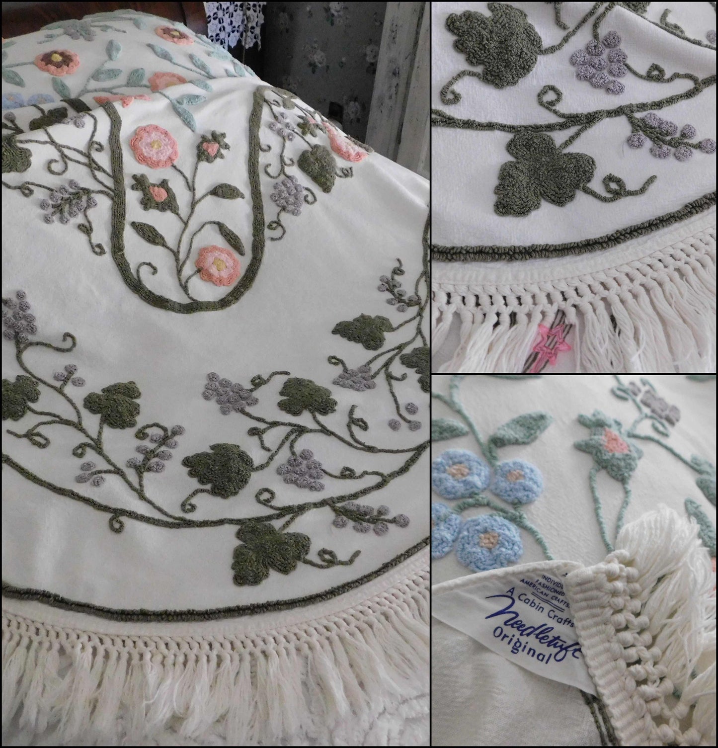 Natural Wildflower Medley Vintage Twin Sized Chenille Bedspread with Accent Fringe, Cabin Crafts Design