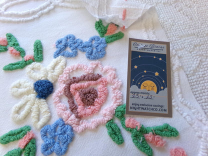 wildflower chenille fabric, vintage floral sewing material on white cotton with peach pops, 23" x 23" piece for handmade quilts & pillows