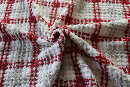 Chic Plaid Vintage Chenille Fabric, Maroon & Grey Needletufting on White Grid, 20" x 24" inch Piece, 100% Cotton