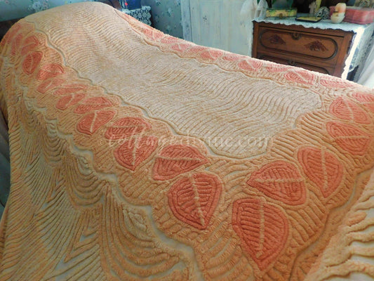 Fancy Falling Leaves Vintage Cozy Peach Chenille Bedspread, 1940s Era Cotton, Twin Size