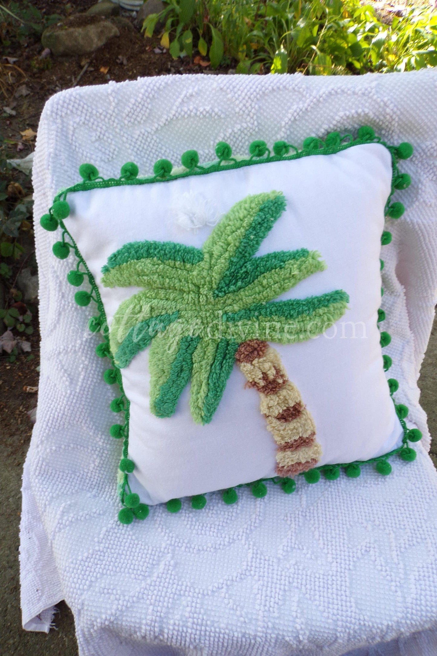 Tropical Bungalow Vintage Chenille Pillow Cover 12" x 12" inch Square, REVERSIBLE Palm Tree Design Accent Pillow & Insert with Pom Pom Trim