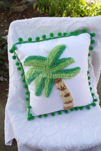 Tropical Bungalow Vintage Chenille Pillow Cover 12" x 12" inch Square, REVERSIBLE Palm Tree Design Accent Pillow & Insert with Pom Pom Trim