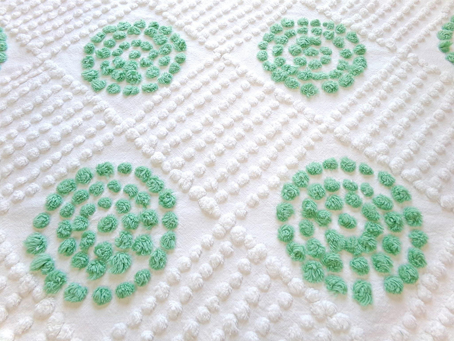 sweet shamrock green vintage chenille fabric, diamond circle pattern, 16" x 24" piece of white cotton sewing material for quilts, crafts