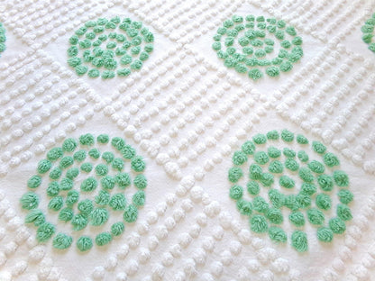 sweet shamrock green vintage chenille fabric, diamond circle pattern, 16" x 24" piece of white cotton sewing material for quilts, crafts