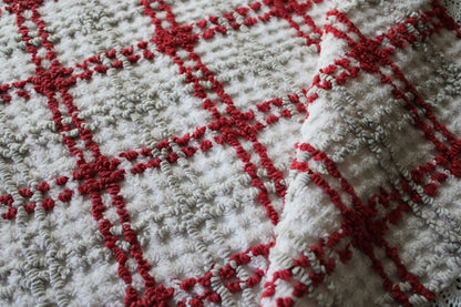 Chic Plaid Vintage Chenille Fabric, Maroon & Grey Needletufting on White Grid, 20" x 24" inch Piece, 100% Cotton