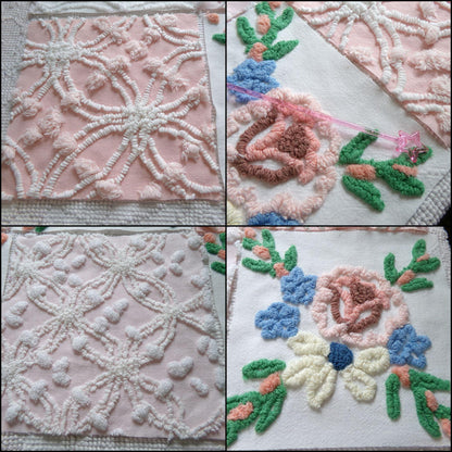 shabby fantasy florals chenille fabric squares, set of 8 vintage 7.5" quilt blocks, pink & white wildflowers for sewing, crafts, quilting