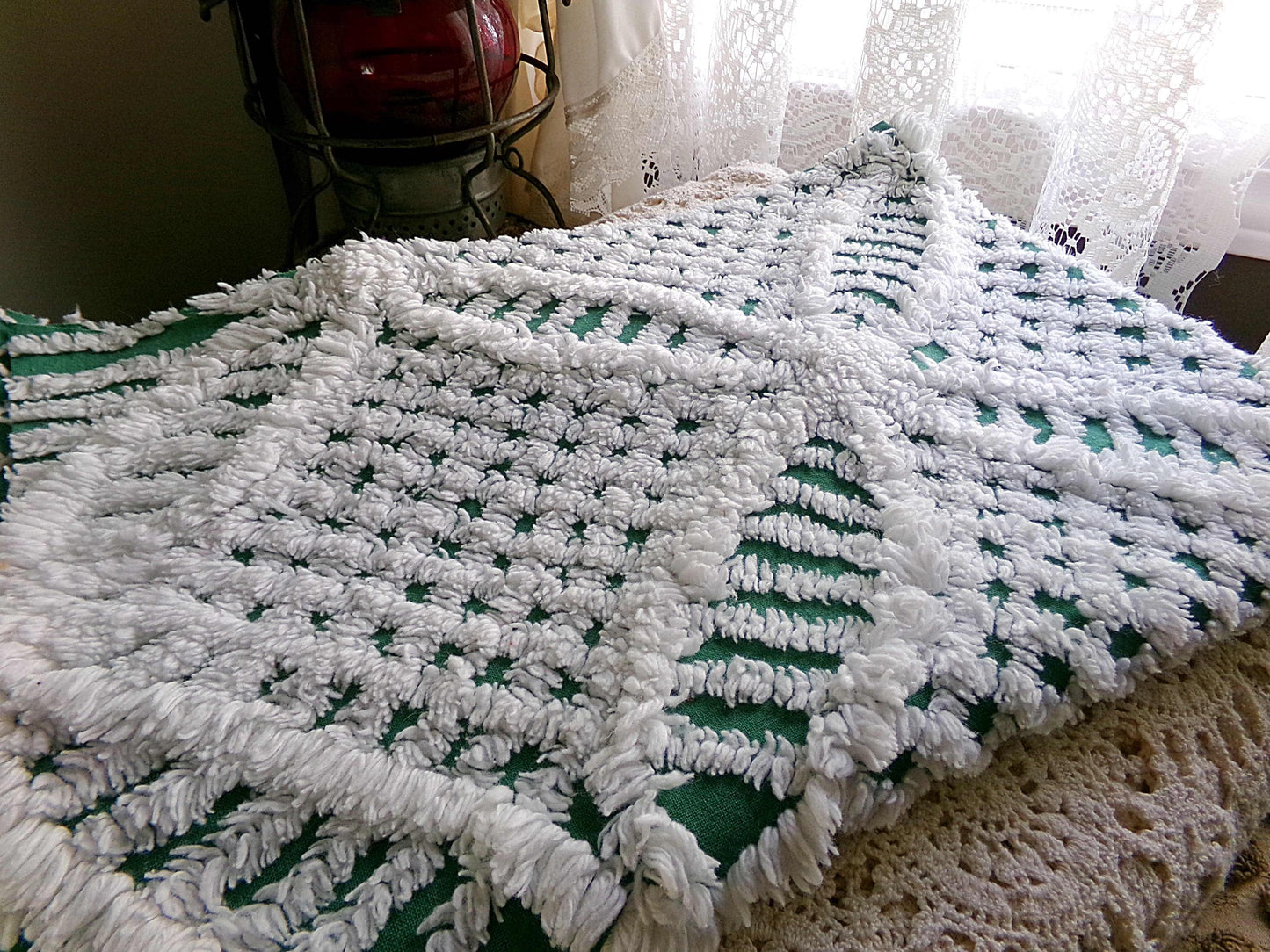 Plush Lush Green & White Vintage Chenille Fabric, 18" x 26" inch Piece, Wedding Ring Design for Christmas Crafts, Pillows, Quilts