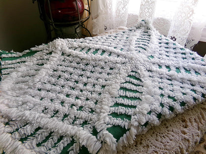 Plush Lush Green & White Vintage Chenille Fabric, 18" x 26" inch Piece, Wedding Ring Design for Christmas Crafts, Pillows, Quilts