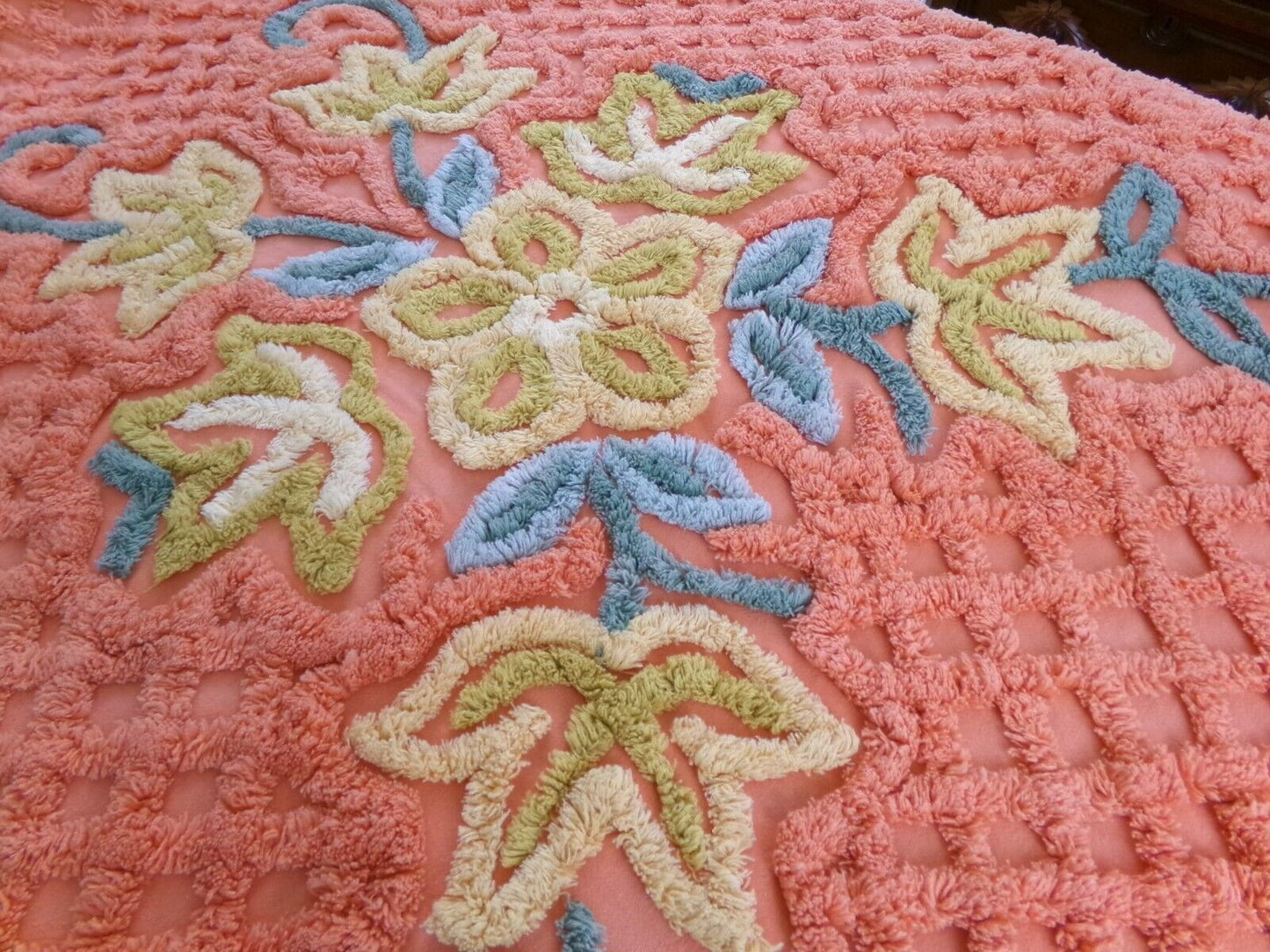Vivid Orange Floral Vintage Chenille Bedspread, Boxed & Fitted Design, Full Size