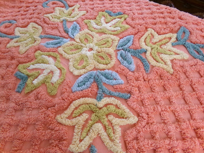 Vivid Orange Floral Vintage Chenille Bedspread, Boxed & Fitted Design, Full Size